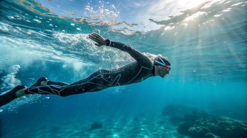 A professional swimmer in a sleek, high-tech suit gliding through clear blue waters.