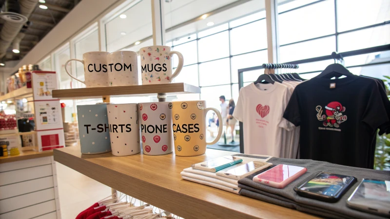 A retail display featuring personalized products like mugs, t-shirts, and phone cases.