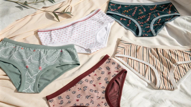 Flat lay of seasonal underwear pieces on a textured fabric
