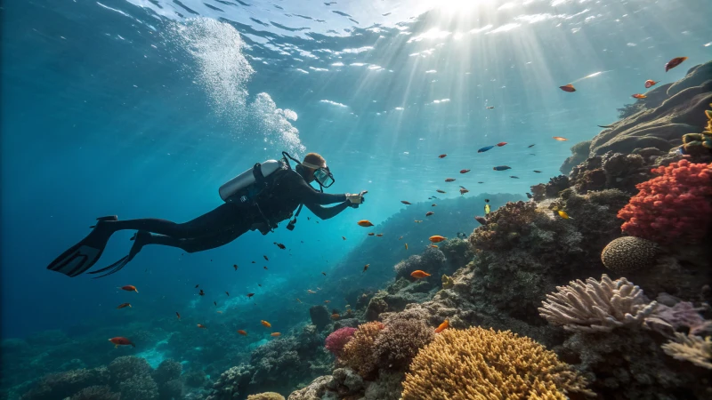 Diver in wetsuit exploring vibrant marine life underwater