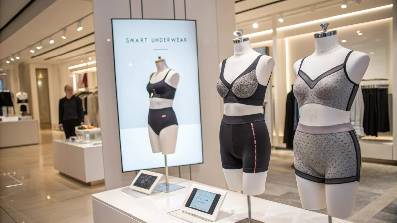 Innovative smart underwear displayed on minimalist mannequins in a modern boutique.