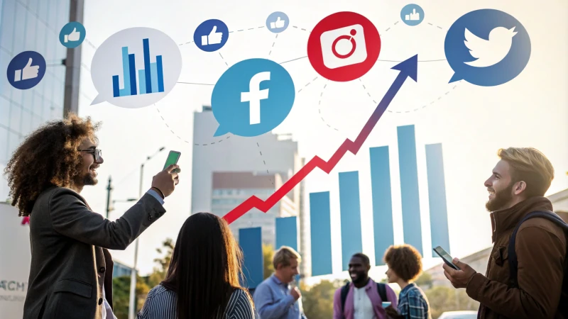 A vibrant collage of social media icons with graphs and customer engagement symbols.