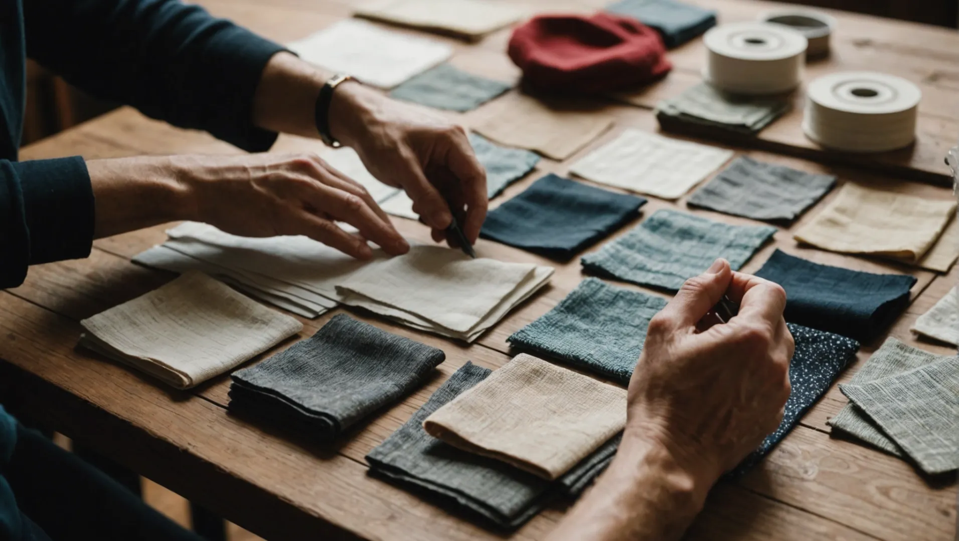 A close-up view of textile samples being inspected by a designer for quality and texture