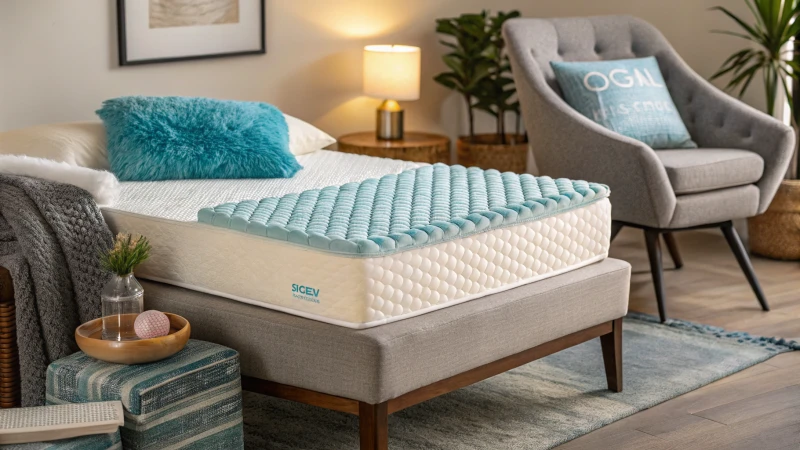 A display of materials for spinal health including a memory foam mattress, gel-infused cushions, and an ergonomic chair.