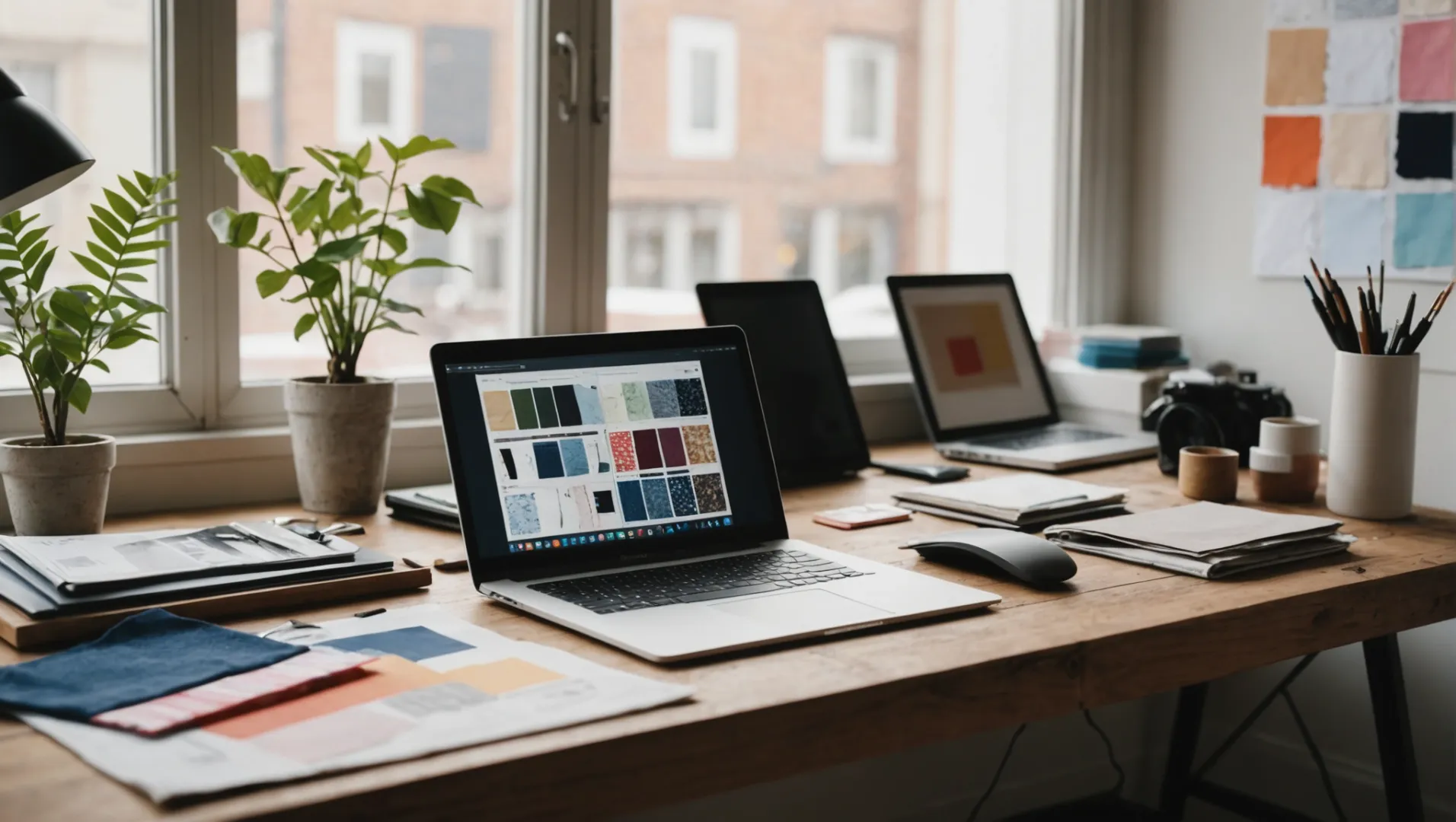 A creative workspace with underwear design sketches and fabric samples