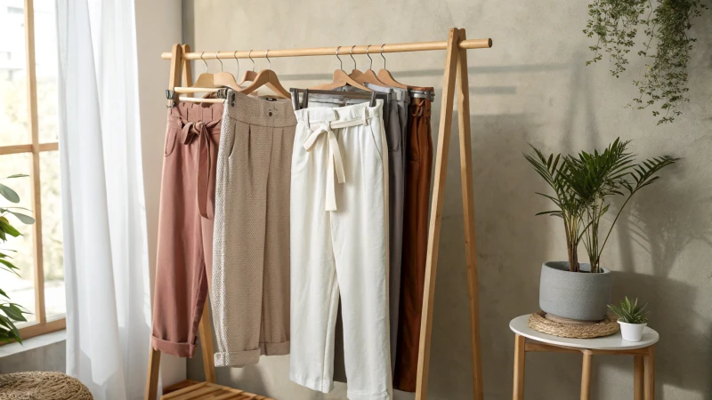 A stylish display of clothing items with adjustable waistbands