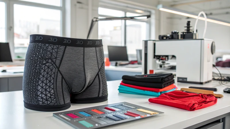 Stylish custom underwear made from high-tech smart fabric displayed on a sleek workspace