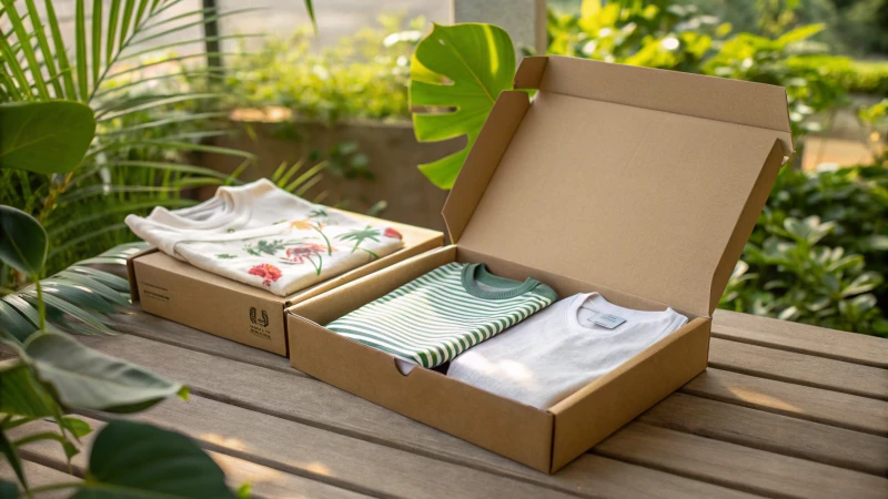 An open subscription box with sustainable fashion items on a wooden table