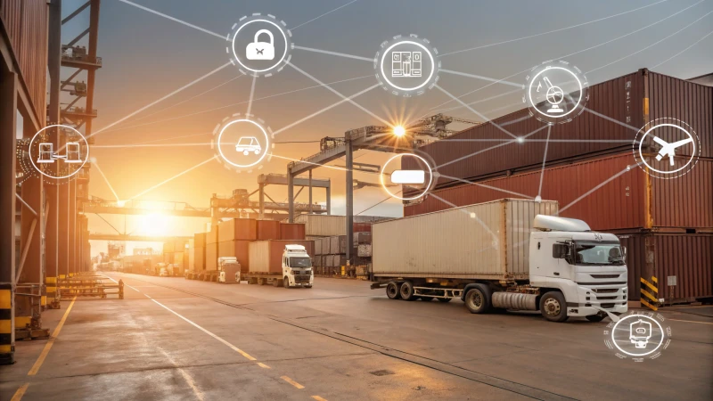 A detailed and photorealistic depiction of a complex supply chain network.