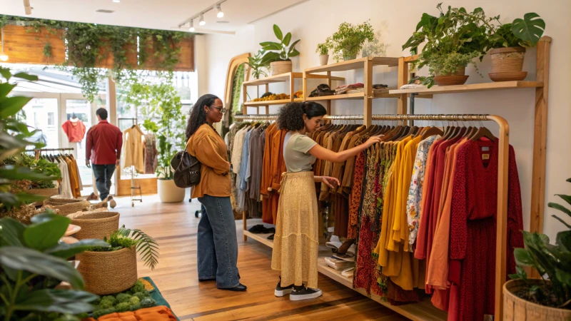 A vibrant boutique filled with eco-friendly clothing and diverse shoppers