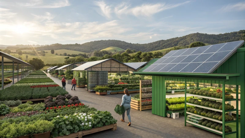 A photorealistic illustration of a sustainable supply chain featuring green factories, organic farms, and an eco-friendly market.