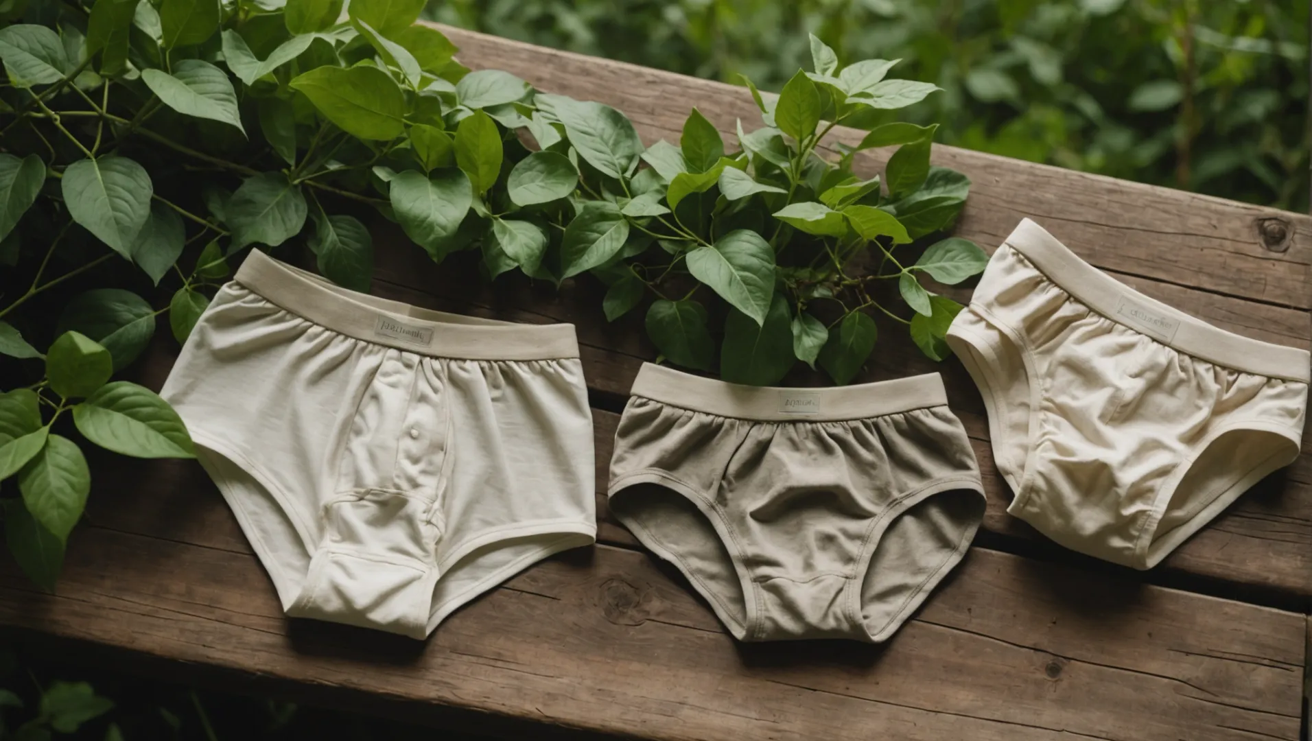 A diverse range of sustainable underwear displayed on a wooden table.