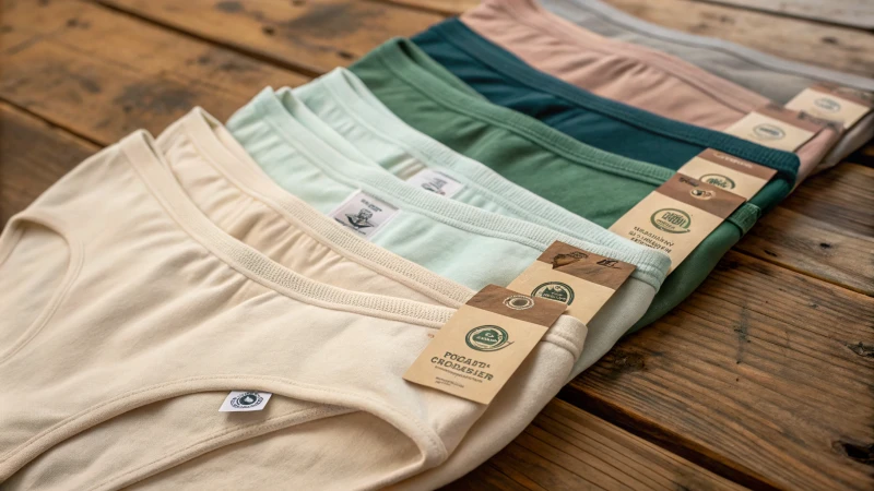 Collection of sustainable underwear on a wooden table