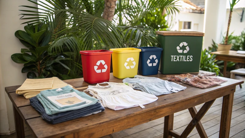 A display of sustainable underwear on a wooden table with recycling bins and plants