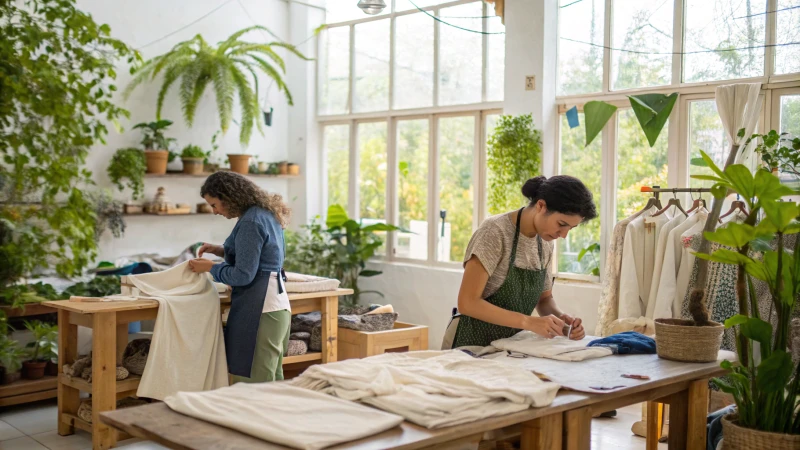 Artisans working in a bright workshop focused on sustainable underwear production