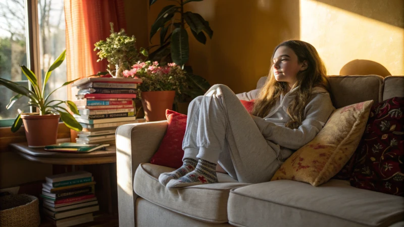 A teenage girl sitting comfortably on a sofa surrounded by books and plants.