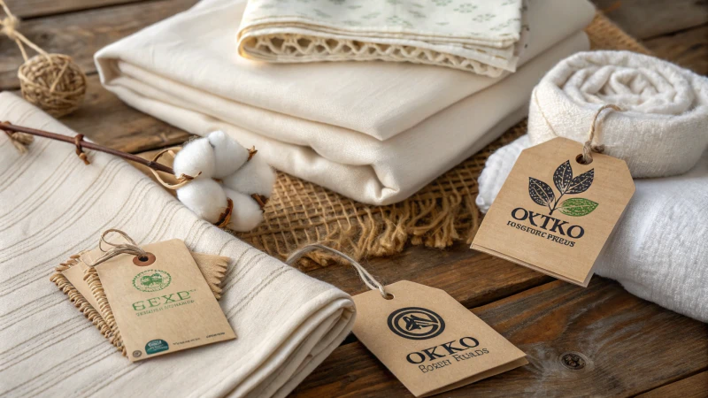 A collection of textile products on a wooden surface with certification tags