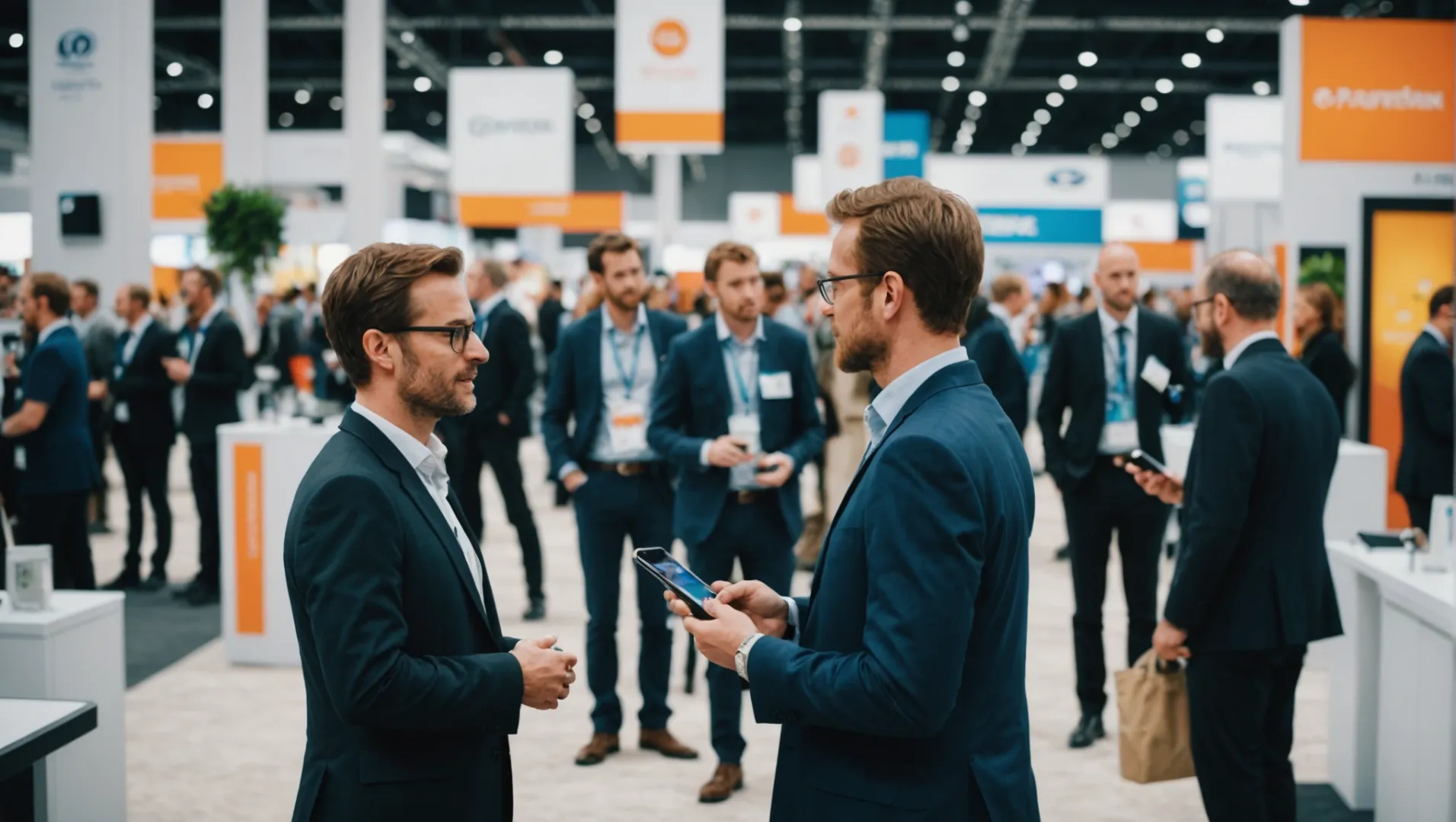 Business professionals networking at a trade show