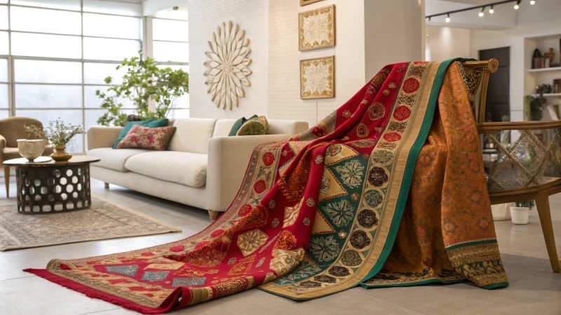 A vibrant display of traditional textiles in a modern design studio
