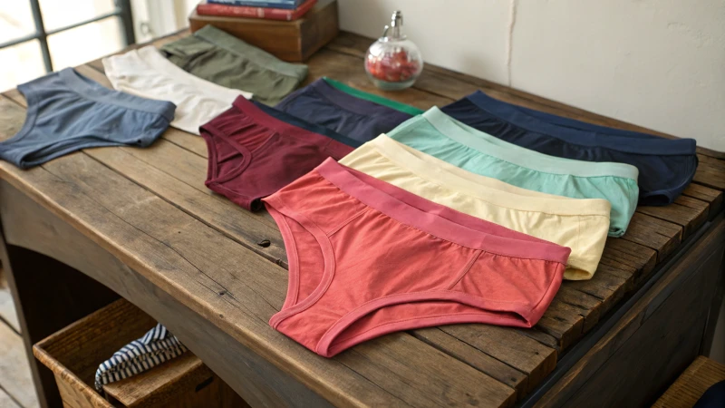 Assorted men's and women's underwear on a rustic wooden table