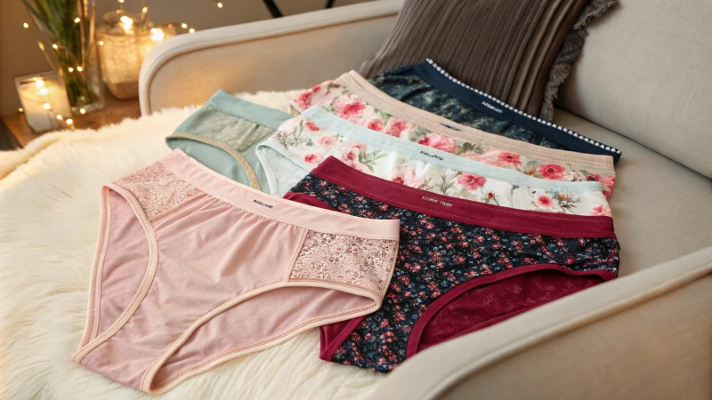 An assortment of colorful underwear neatly arranged on a textured surface.