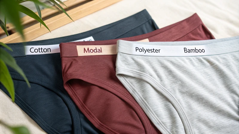 Close-up of various underwear pieces labeled by fabric type