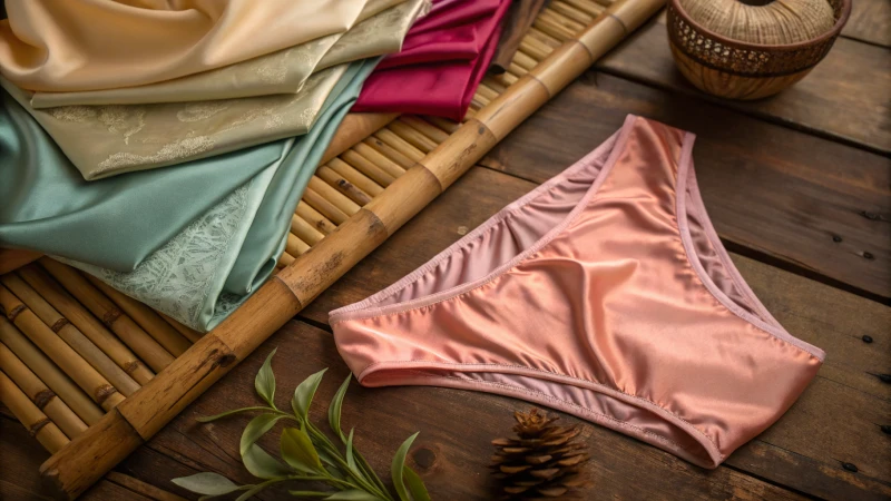 Close-up view of various underwear fabrics on a wooden surface