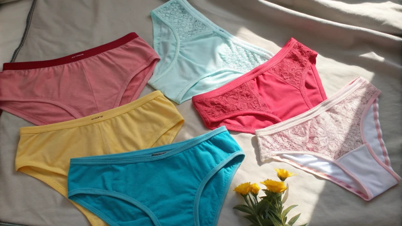 Flat lay of various types of colorful underwear on a soft fabric surface