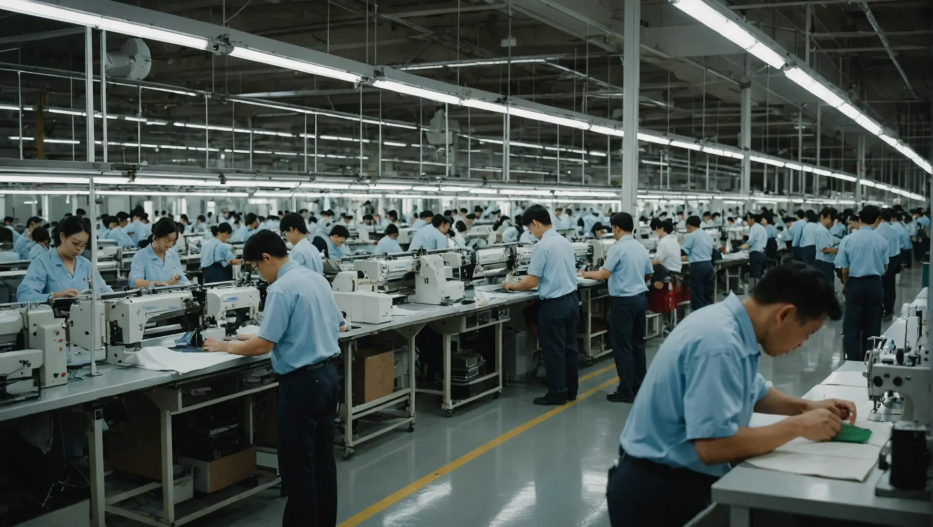 A modern factory producing underwear with workers operating machinery
