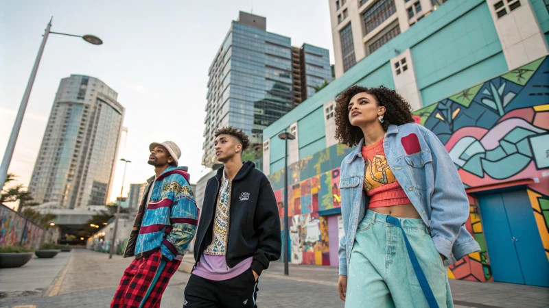 A diverse group of individuals in trendy unisex clothing in an urban setting.