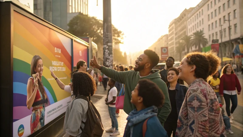 A diverse group of people engaging with a vibrant billboard in an urban setting.