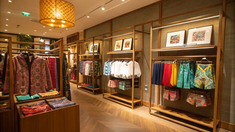 Colorful custom underwear displayed in a boutique interior