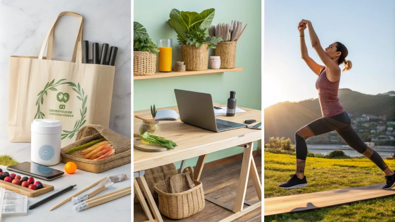 A vibrant collage showcasing sustainable products, tech gadgets, personal training, and health supplements.