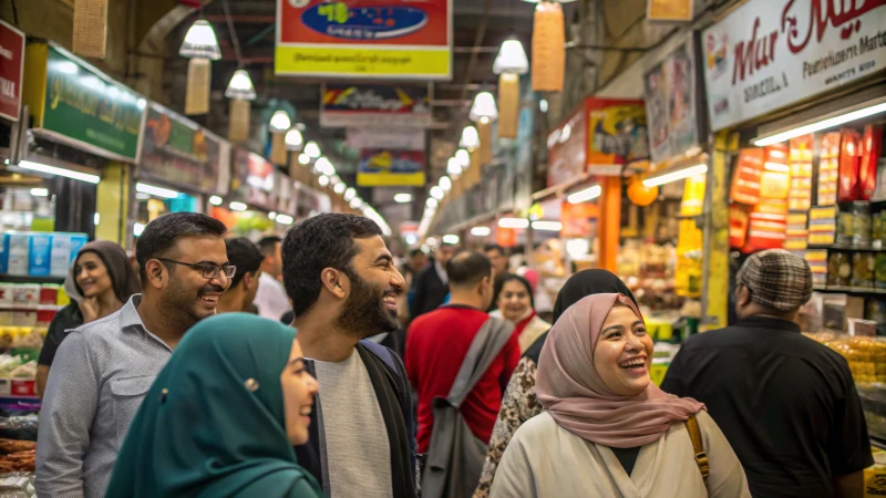 A lively market with diverse consumers interacting joyfully with brand logos.