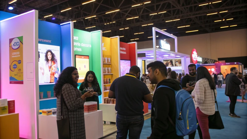 A vibrant marketing event with diverse individuals interacting at booths.