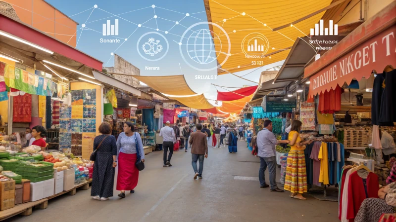 A bustling marketplace filled with diverse shoppers comparing prices on global brand products.