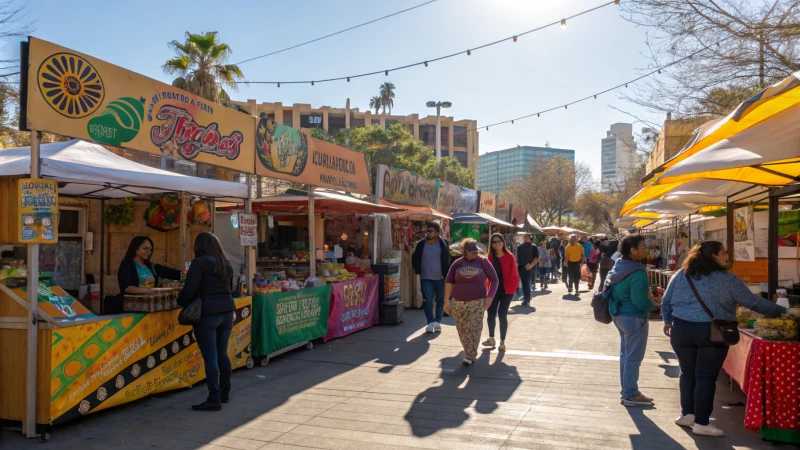 A lively outdoor marketplace with colorful stalls and diverse customers