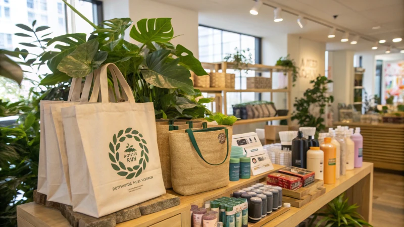 A vibrant retail display showcasing sustainable products with lush green plants.