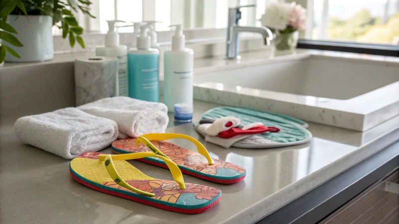 A close-up of colorful thongs on a bathroom counter with hygiene products
