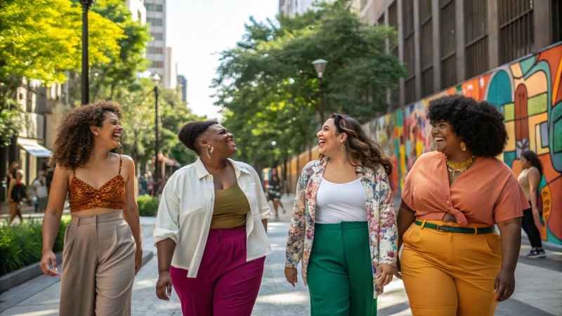 A diverse group of individuals enjoying a vibrant urban environment