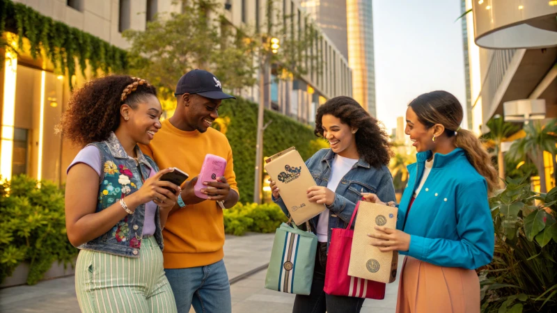 A vibrant urban scene with diverse individuals showcasing personalized products