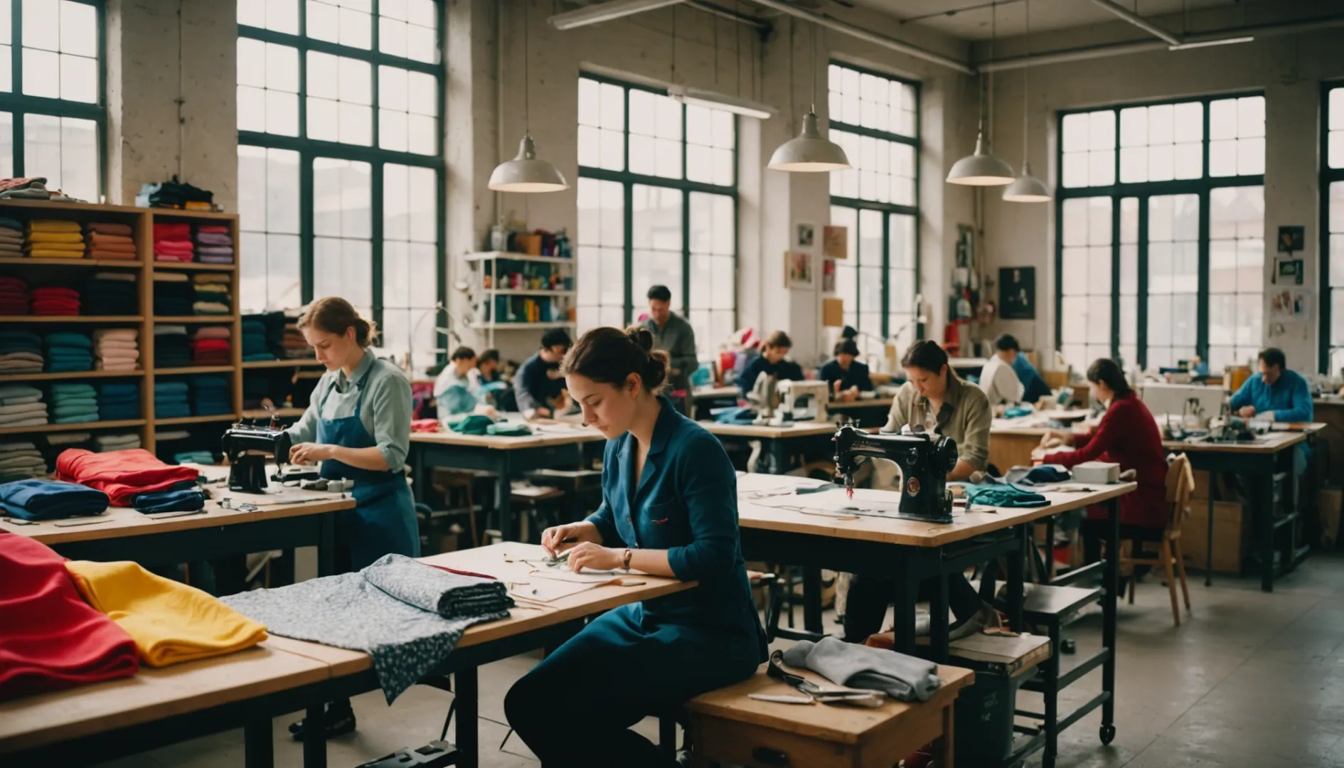 A vibrant workshop with designers and tailors working on customized underwear projects.