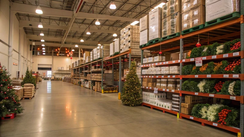 Spacious warehouse interior with organized shelves and seasonal products