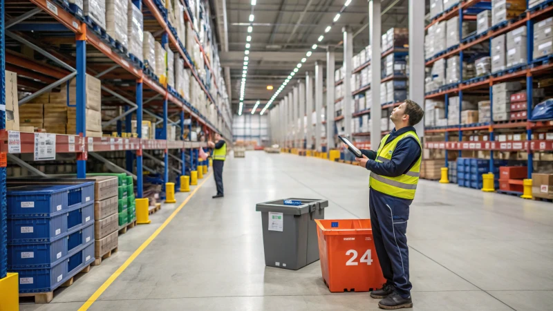 Interior of a warehouse with shelves and workers managing inventory