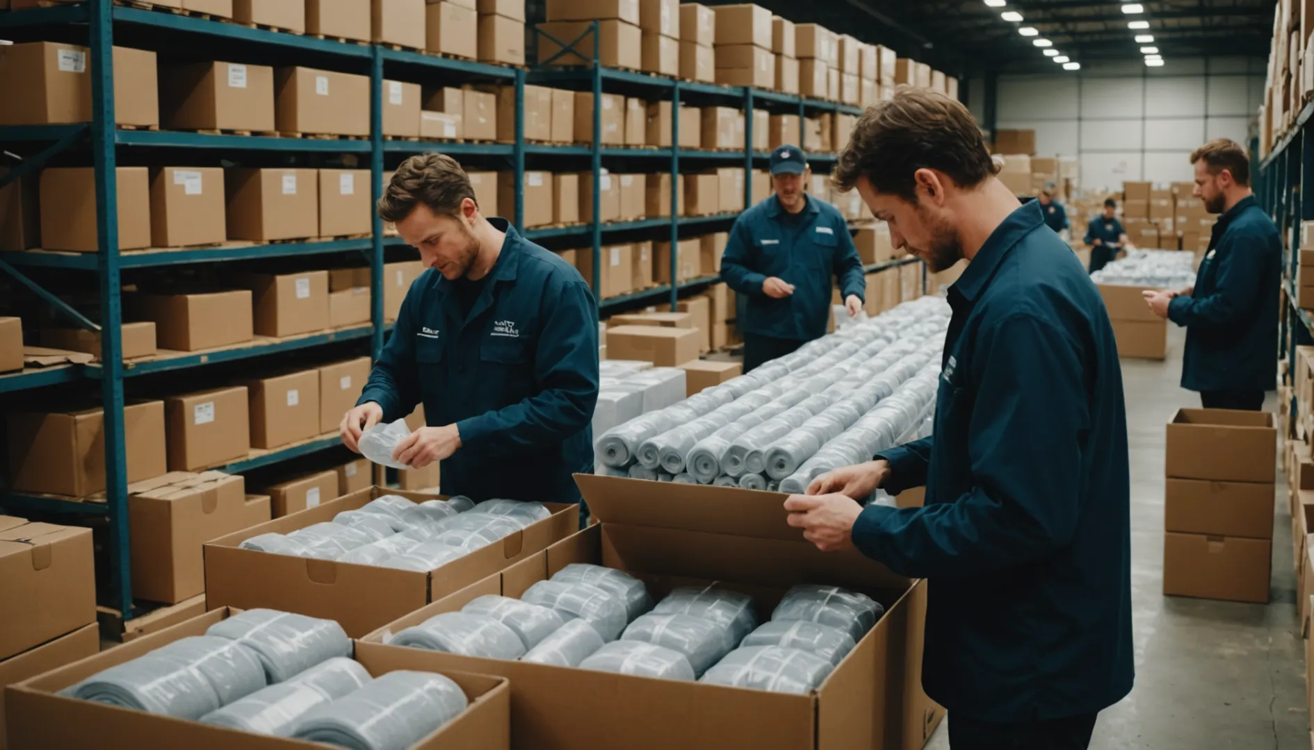 Warehouse workers packing customized underwear into boxes for shipping