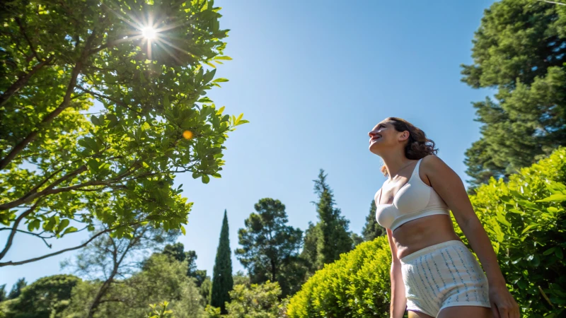 A woman enjoying the sun in a natural setting with trees and blue sky.