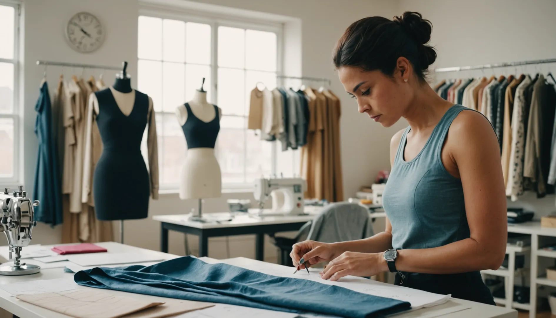 A designer working on women's boxer briefs with fabric samples and sketches