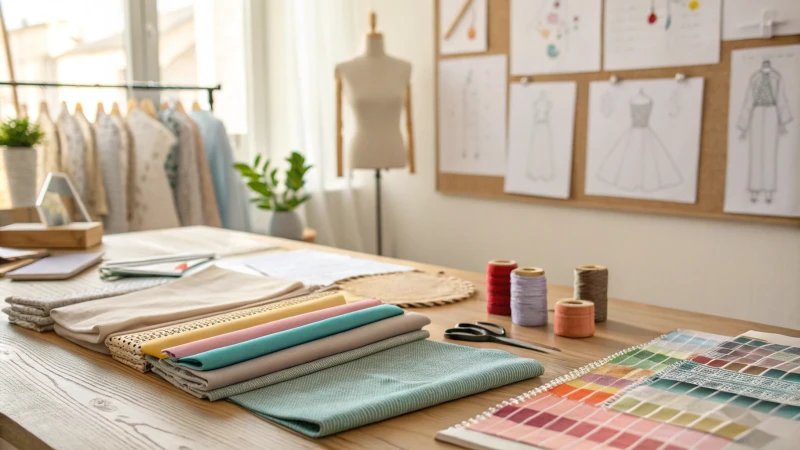 Well-lit workspace with fabric swatches and design tools