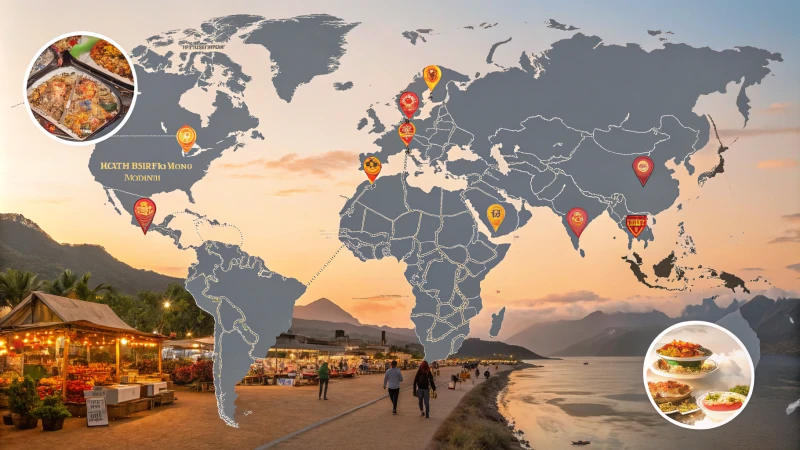 A colorful world map highlighting regions with cultural symbols and local products.