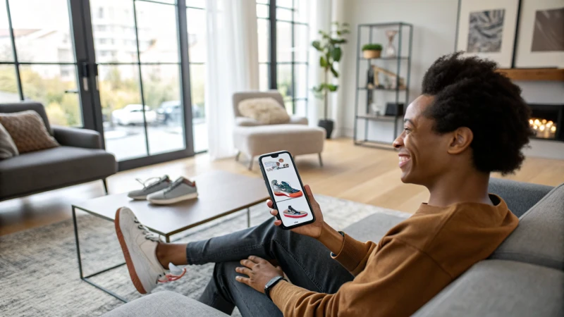 A young adult in a modern living room using augmented reality on a smartphone.